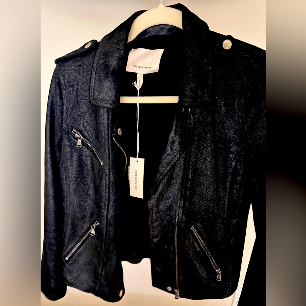 Rebecca Taylor Lamb Leather Biker Jacket Black Moto Metallic Textured Women’s  2
